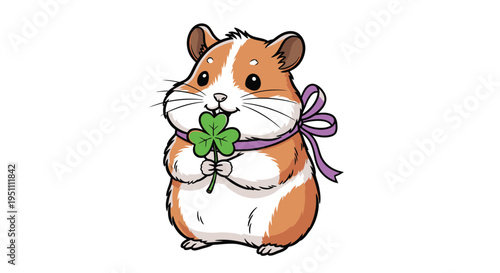 Adorable Hamster Holding a Lucky Four-Leaf Clover Illustration.