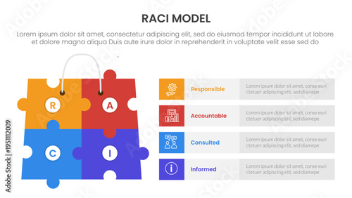 RACI model infographic 4 point stage template with puzzle jigsaw shopping bag with rectangle shape stack for slide presentation
