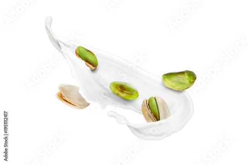 Pistachio Nuts Splashing in Milk on White Background. Great for advertising pistachio products, plant-based milk, healthy snacks, dairy or nut-based beverages, ice cream and dessert branding, 