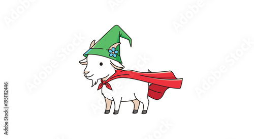Cartoon Goat Wizard with Green Hat and Red Cape.