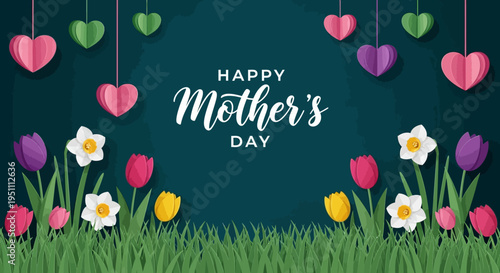 Happy Mother's Day Greeting Card Illustration with Paper Cut Flowers, Tulips, Narcissus, and Hanging Hearts on Dark Background for Spring Celebration
