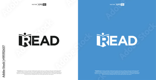 Open book and person silhouette logo on white and blue background