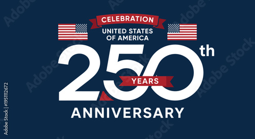 Usa 250th anniversary celebration logo with american flags on blue background