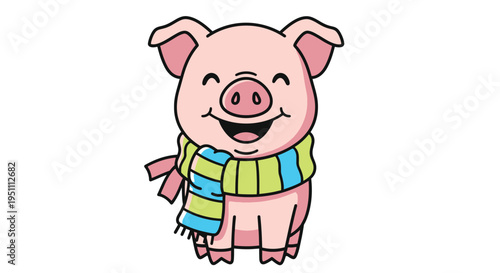 Cartoon Pig with Scarf - A Cheerful Illustration of a Cute Animal.