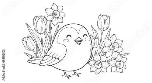 Charming Bird Surrounded by Spring Flowers Coloring Page.