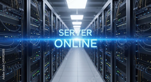 A long server room with rows of computer servers and a blue light saying server online in the center of the image.