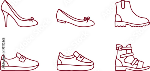 A collection of six different types of footwear styles displayed in line art