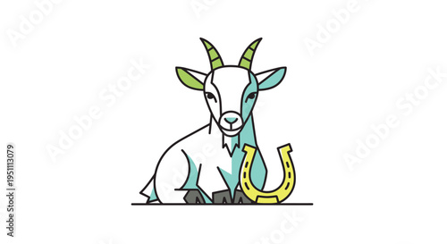 Charming Goat Illustration with Horseshoe Symbolizing Good Luck and Prosperity.