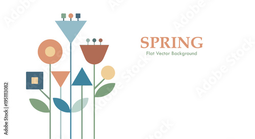 Minimalist flat vector illustration of abstract spring flowers with geometric shapes on a white background, featuring muted colors.