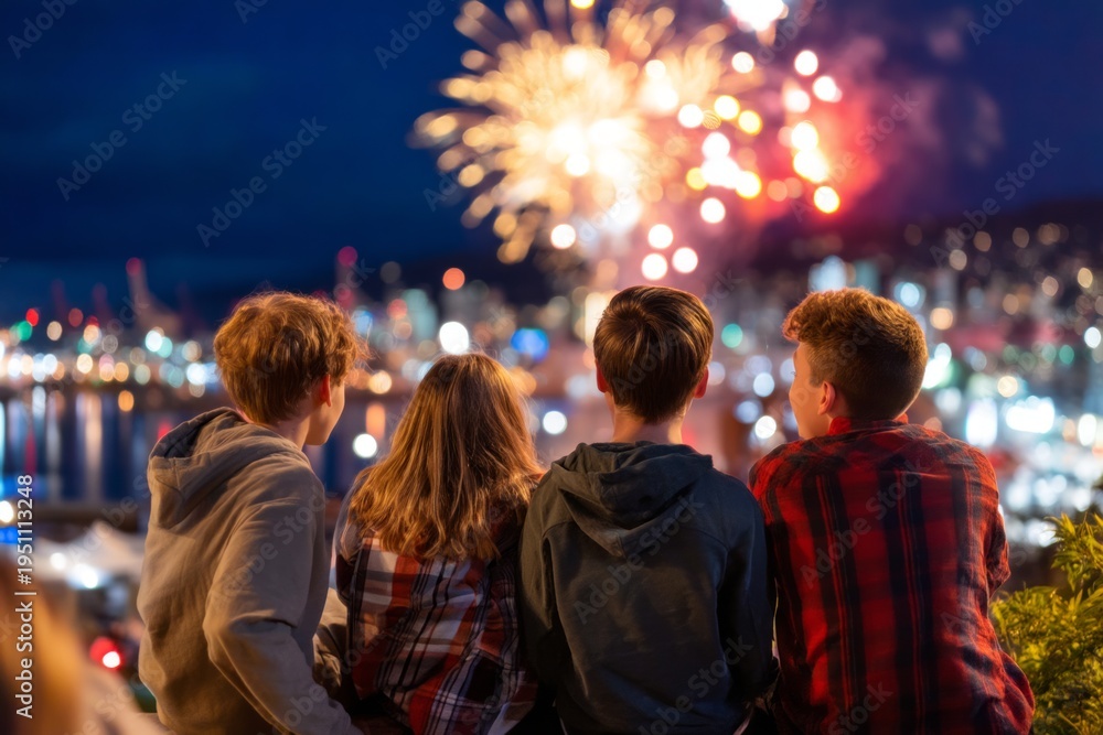 Obraz premium Group of Youths Watching Fireworks on St. Patrick's Day Celebrations at Night