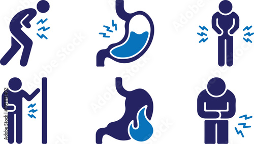 hand drawn man indigestion upset stomachache bule icons set vector illustration design art 