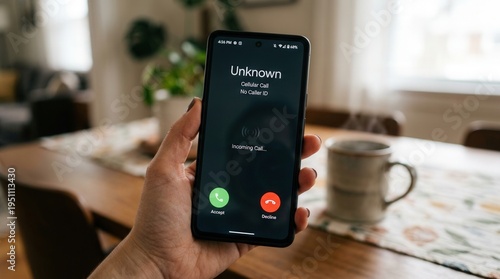 Person holding a smartphone showing an incoming Unknown call with no caller ID on the screen. Concept of privacy, spam calls, anonymous telemarketing, and mobile security at home.