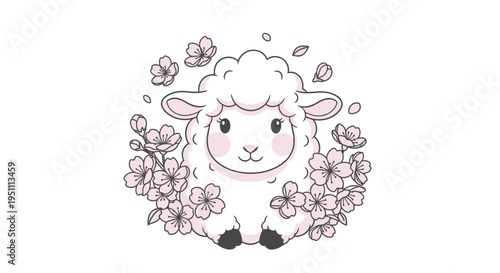 Charming Sheep Surrounded by Delicate Cherry Blossoms in a Whimsical Illustration.