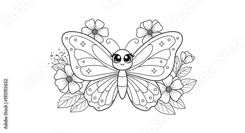 Cute Butterfly Coloring Page with Floral Accents for Creative Fun.
