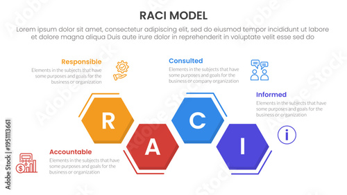 RACI model infographic 4 point stage template with hexagon unbalance up and down for slide presentation