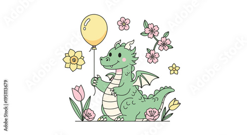 Cute Green Dragon Holding a Balloon Surrounded by Flowers.