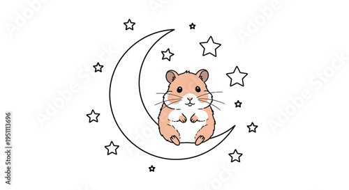 Cute Hamster on Crescent Moon Surrounded by Stars Illustration.