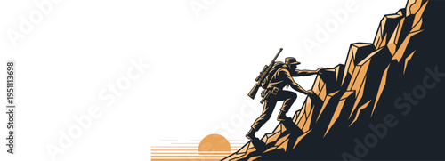 Vector Illustration of a Hunter Carrying a Rifle While Climbing a Steep Rocky Cliff During Sunset for Outdoor Wilderness Adventure and Mountain Sport Graphic Design Projects