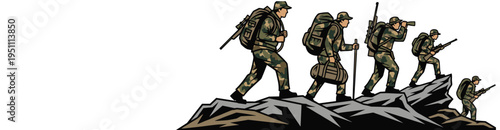 Vector Illustration of a Camouflaged Tactical Team Navigating Rocky Terrain Featuring Soldiers with Backpacks Rifles and Binoculars for Wilderness Mission Design