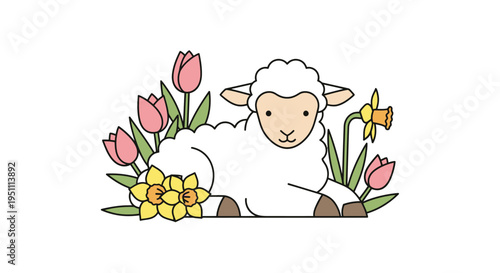 Cute Lamb with Tulips and Daffodils Illustration.