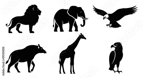 Black silhouettes of savannah wildlife animals