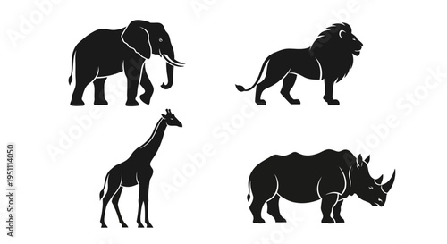 Silhouette Collection of African Wildlife Animals on White Background