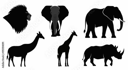 African Wildlife Silhouettes: Lion, Elephant, Giraffe, Rhino Collection