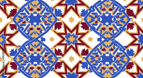Intricate Islamic arabesque ornamental pattern with blue, gold, and red geometric designs