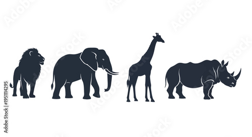 Wildlife animal silhouettes, safari icons, lion, elephant, giraffe, rhinoceros
