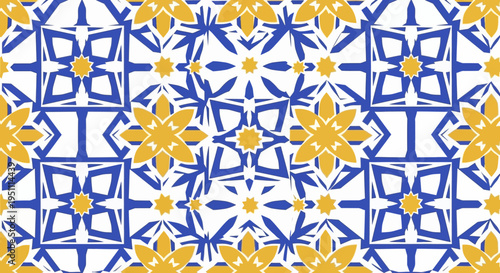 Intricate Islamic arabesque pattern with blue and gold floral motifs on white background