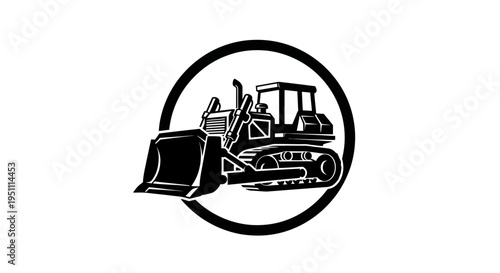 Bulldozer silhouette inside circle, construction equipment icon, vector art