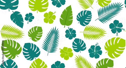 tropical leaf pattern with green monstera and palm leaves on white background