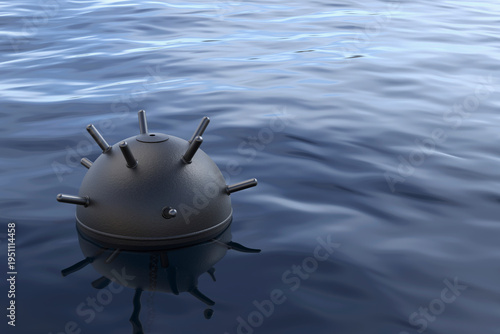 Moored naval mine floating in wavy water