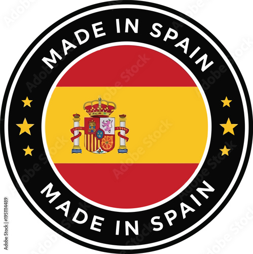 Made in Spain Round Badge with National Flag and Stars Isolated on White Background