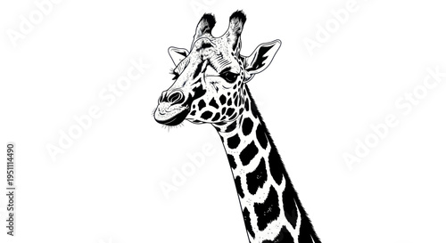 Close-up sketch of a giraffe head and neck, black and white illustration