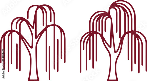 Two stylized weeping willow trees with flowing branches in a minimalist design