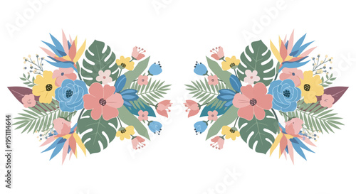 Symmetrical tropical floral arrangements with pastel flowers and green leaves on a white background, perfect for decorative design elements.