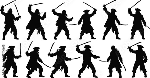 Pirate silhouette collection, sword fighting poses, sea bandit characters, adventure concept, isolated black figures, historical illustration set pack