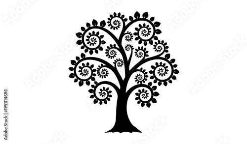 Decorative fantasy tree silhouette with spiral curved branches and ornamental leaves vector design