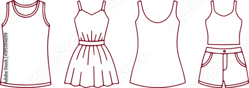 Four stylish women's tank top and skirt outfit designs in simple line art