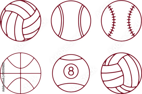 Illustrations of various spherical sports equipment patterns and designs