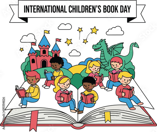 International Children's Book Day Celebration Illustration with Kids Reading Fairy Tales