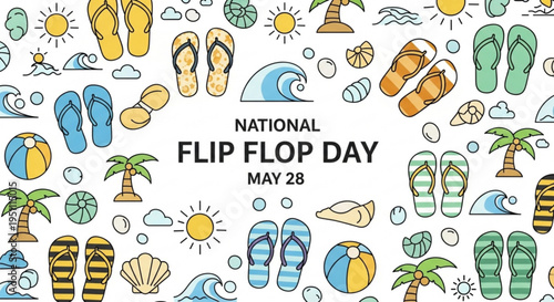 National flip flop day may 28 summer holiday illustration with colorful flip flops palm trees and beach symbols