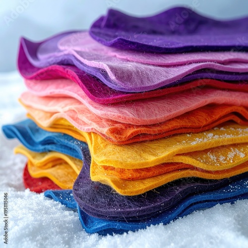 Stacked, colorful felt sheets resemble a rainbow against white