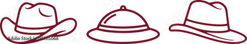 Three distinctive styles of classic men's hats illustrated in maroon outline.