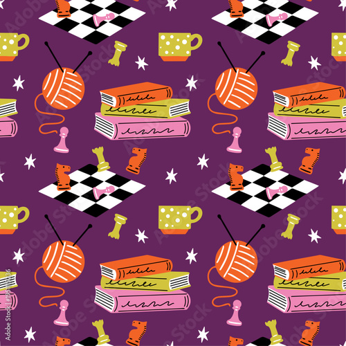 Analog Life trend vector seamless pattern with cute funky groovy cartoon illustration of offline hobbies, retro objects, digital detox lifestyle icons, books, chess, knitting