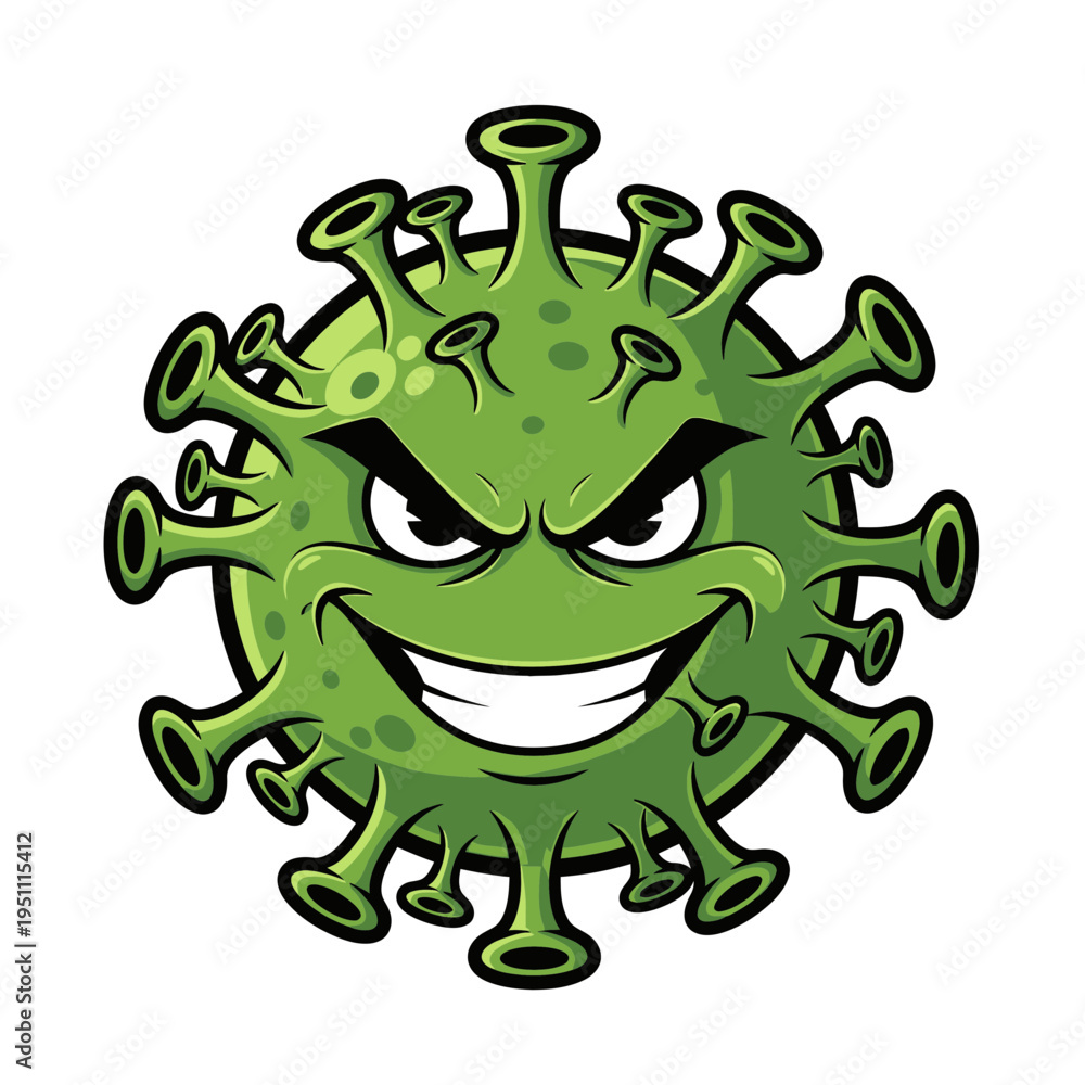 Fototapeta premium Evil Cartoon Coronavirus Character with Spikes and Grin.