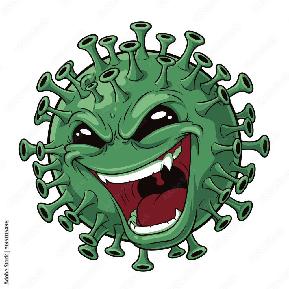 Fototapeta premium Evil Cartoon Coronavirus Character with Spikes and Scary Face.