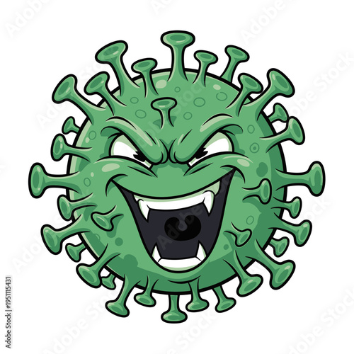 Cartoon Coronavirus Character with Evil Grin and Sharp Teeth.