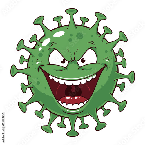 Cartoon Evil Green Virus Character with Spikes and Scary Face.
